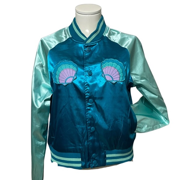 IRON FIST Mermaid For Life teal & aqua embroidered satin bomber jacket NWT - Picture 9 of 9